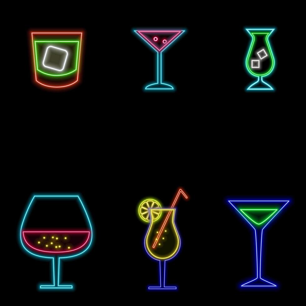 Cocktails neon icon set. Cocktails collection neon signs. illustration of neon. vector
