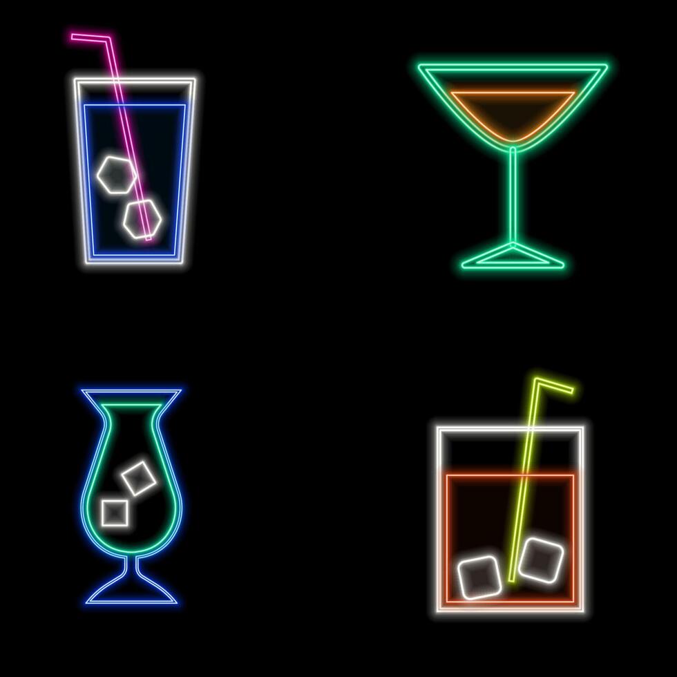 Cocktails neon icons set. Cocktails neon collection. Glossy sign boards, light strip. Modern trend design, night light board, badges, design template. neon drinks. vector