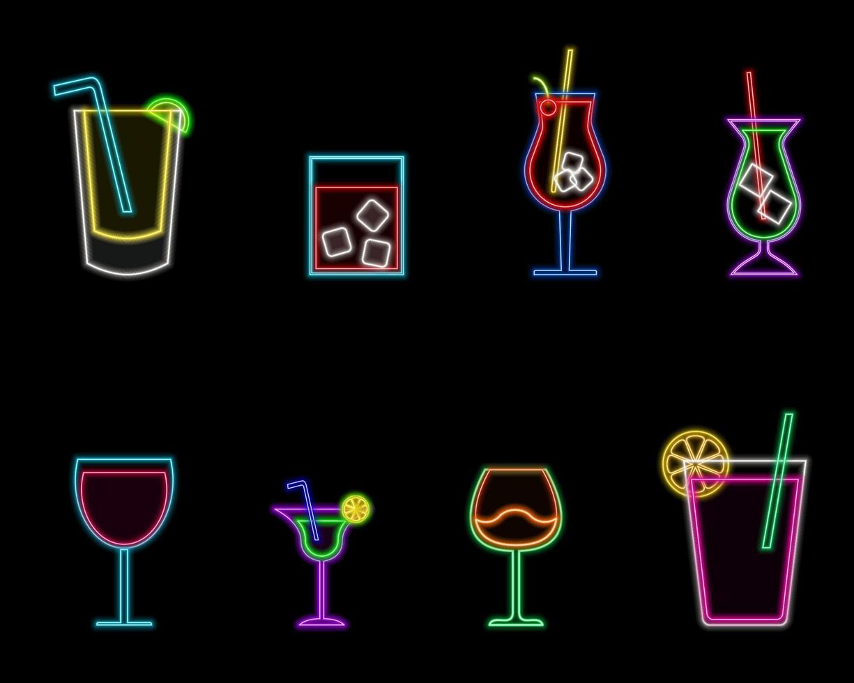 Neon drinks icons.flat style with cocktail, wine and champagne elements vector