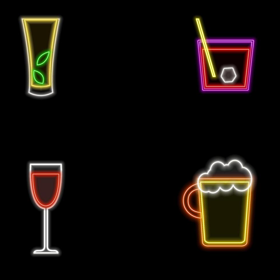 Neon bottles and glasses of whiskey, wine, tequila, champagne, cognac, rum, bourbon. Icon for night pub background. neon cocktail. drinks icon. vector