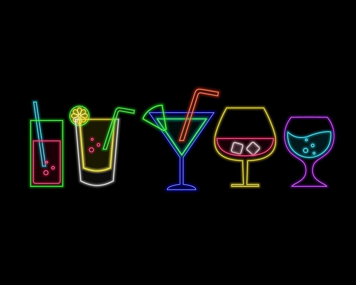 Cheers toast neon cocktail fashion sign night light signboard glowing.Collection of cocktails with neon lights style. Set of colorful neon cocktails. vector