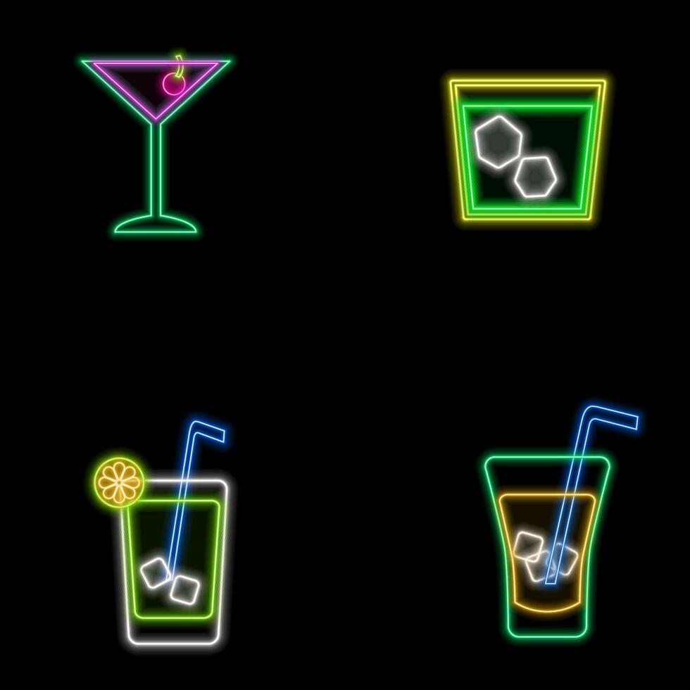 Big set of glowing neon clinking wine, wheskey, champagne, glasses of rum and vodka or tequila. Led light sign for pub signboard vector