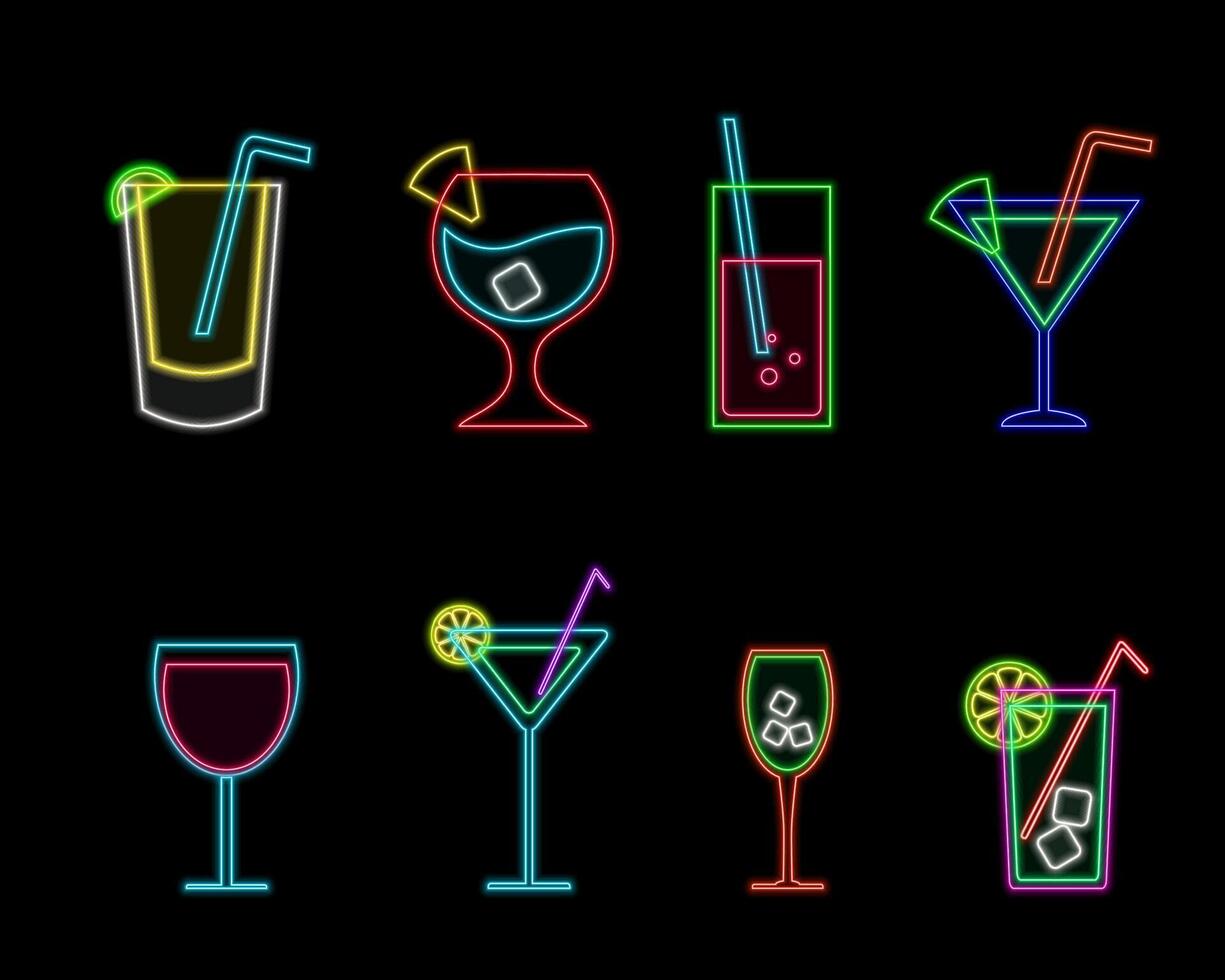 Cocktails neon icon set. Cocktails collection neon signs. Glossy signboards, night banner, badges, design template. vector