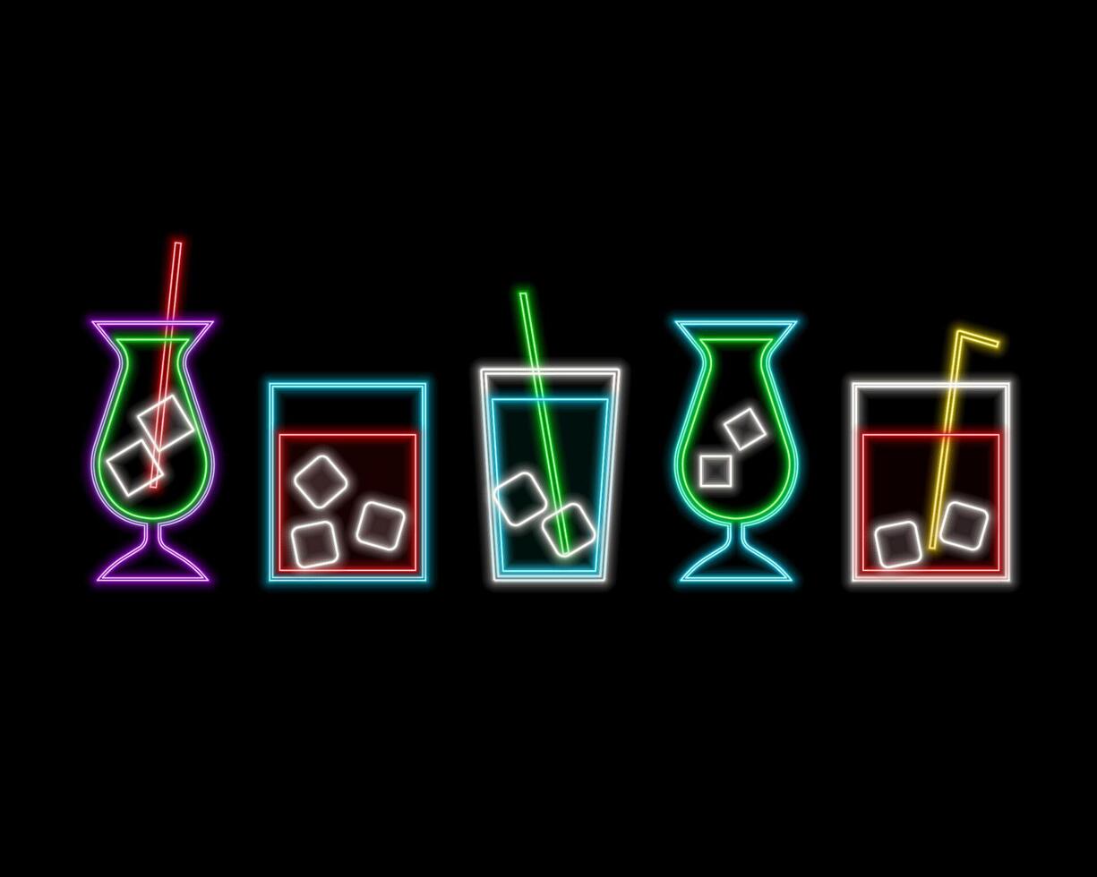 Set of colorful neon cocktails. Cocktail neon sign in glowing glass.Cocktail sign collection with neon style. vector