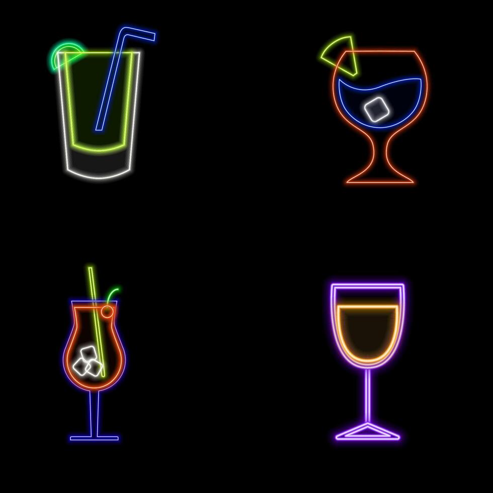 Cocktails neon icons set. Cocktails neon collection. Glossy sign boards, light strip. Modern trend design, night light board, badges, design template. neon drinks. neon style. vector