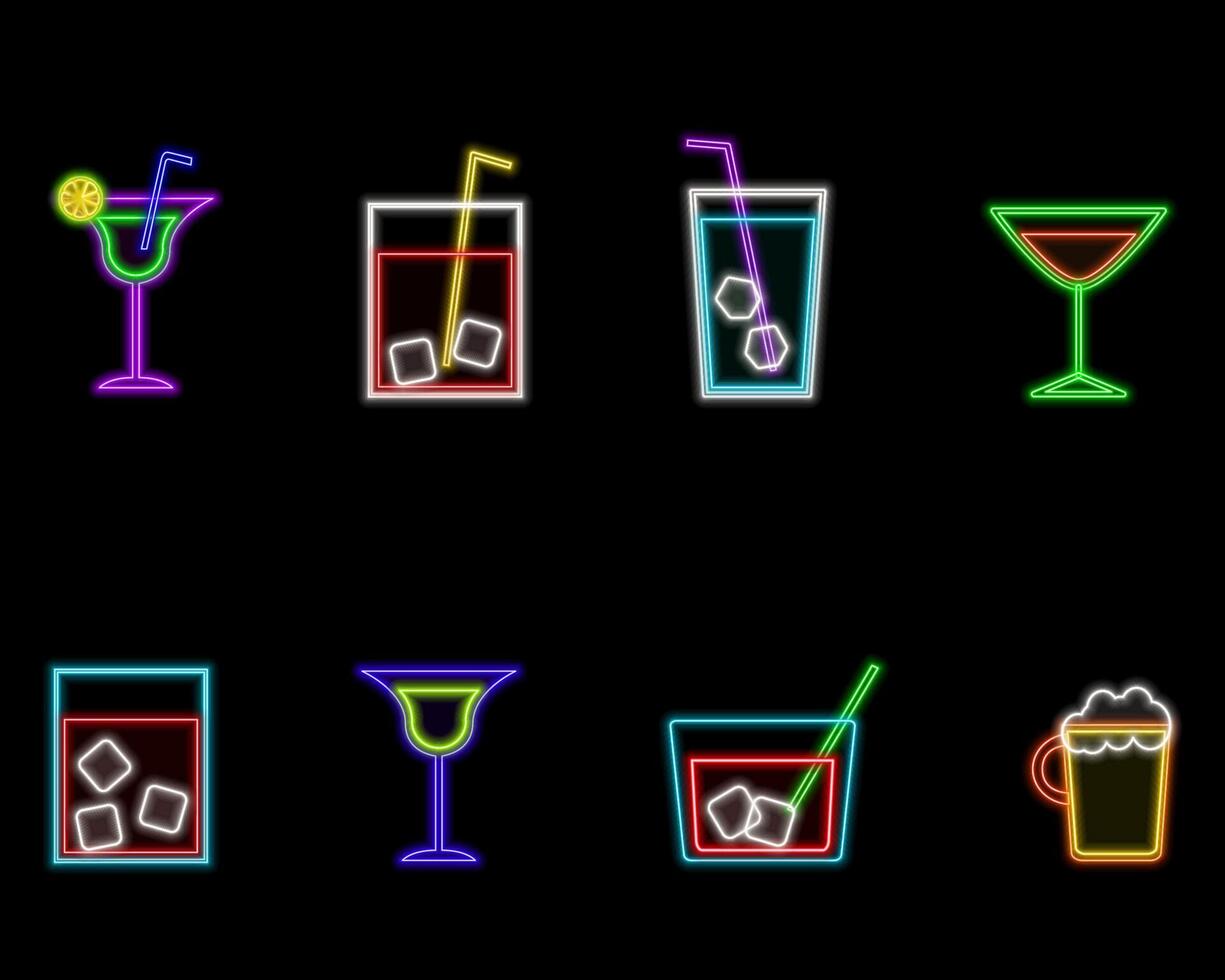 Cocktails neon icon set. Cocktails collection neon signs. Glowing signposts.night light board, badges, design template. vector