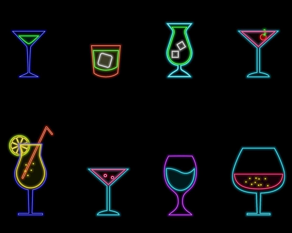 Neon style cocktail set. various colorful drinks. illustration. vector