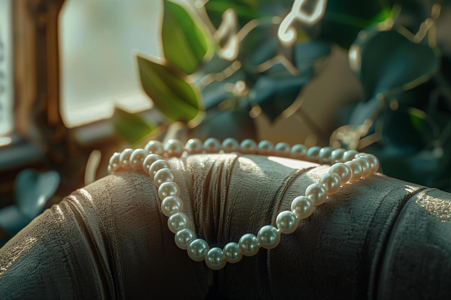 A pearl necklace on a leather chair photo
