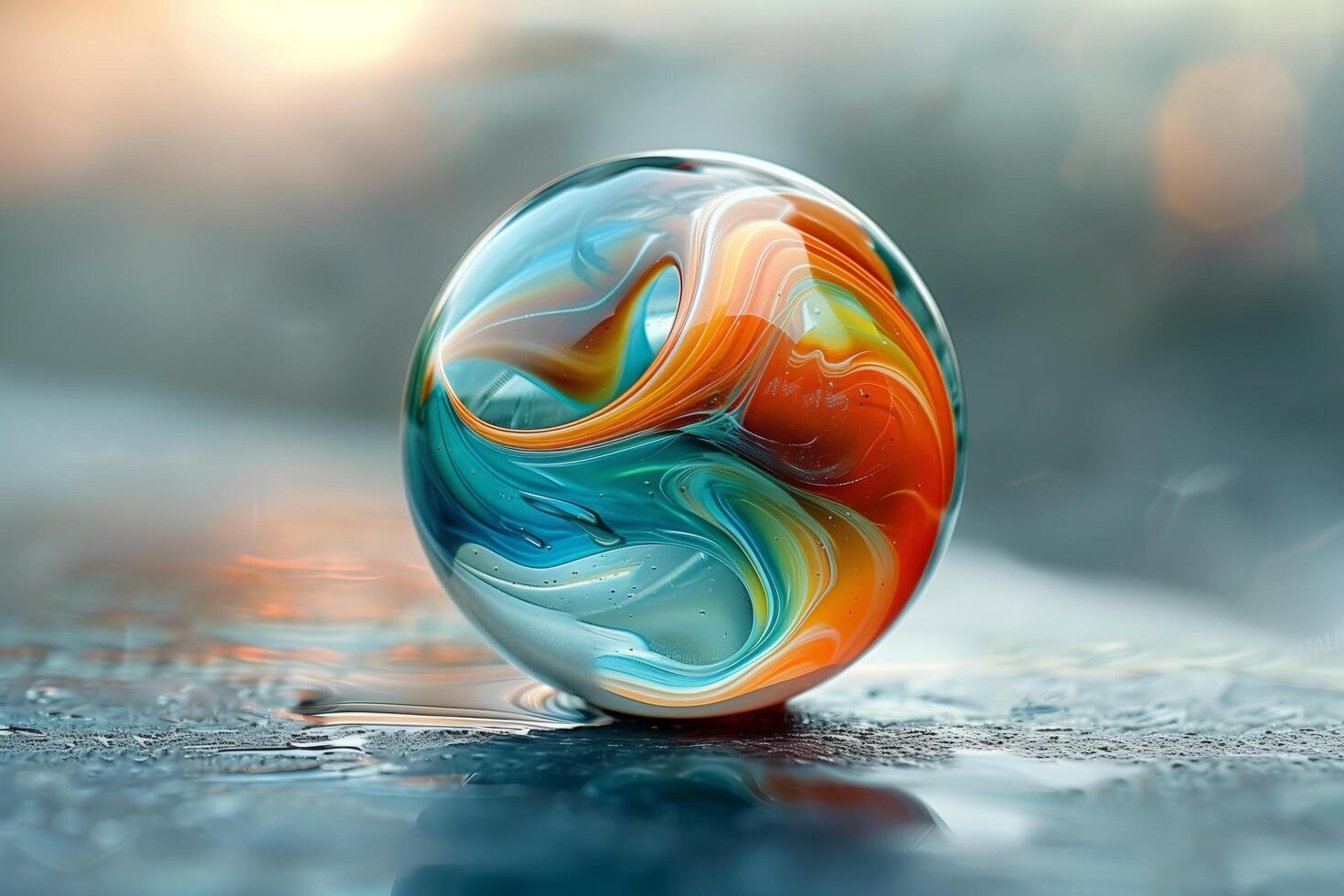 A colorful marble ball sitting on top of a surface photo