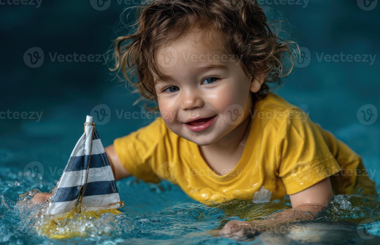 A young boy in a yellow shirt playing with a toy boat photo