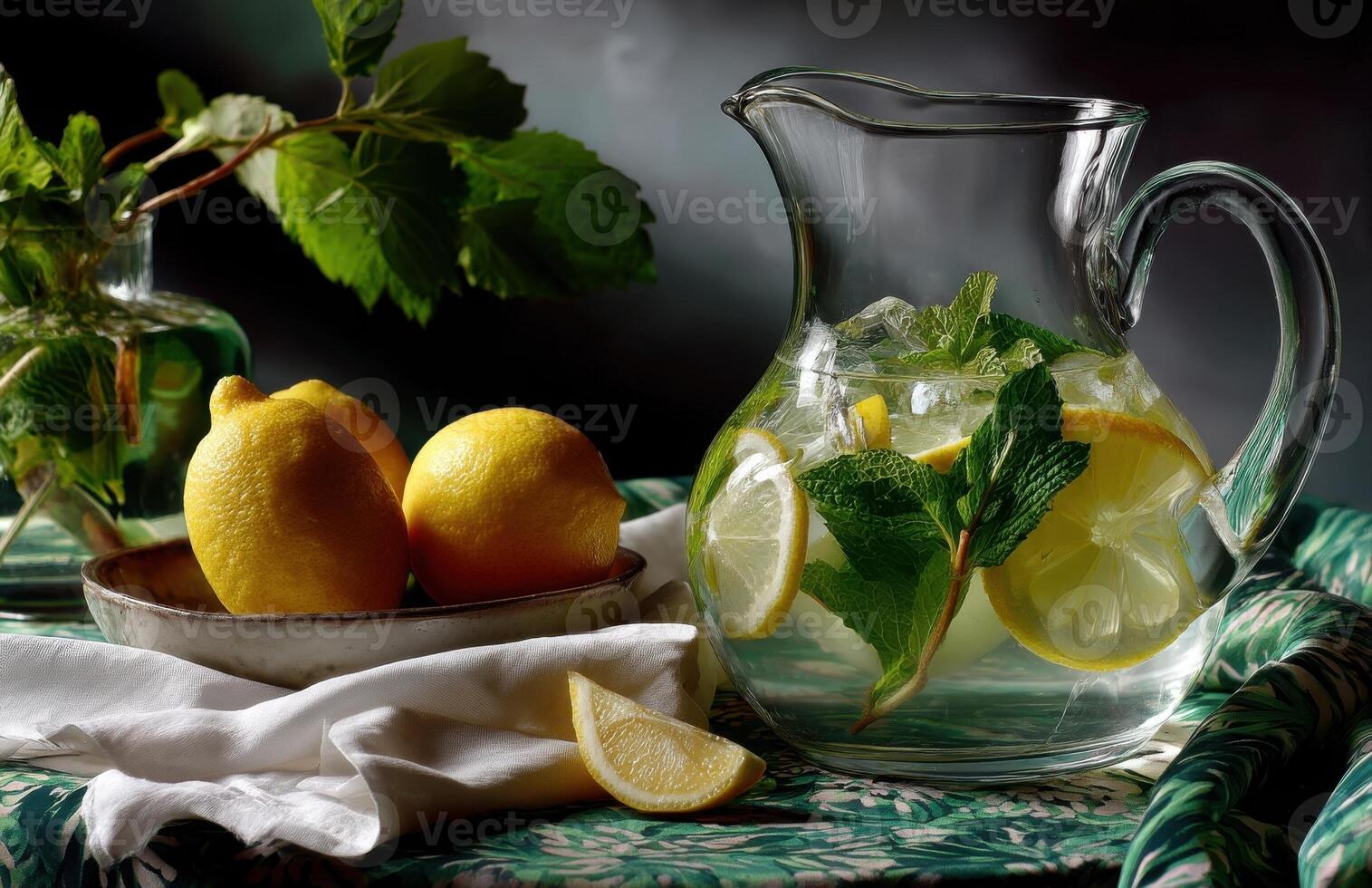 Fresh lemonade in a glass pitcher with mint and lemon slices photo