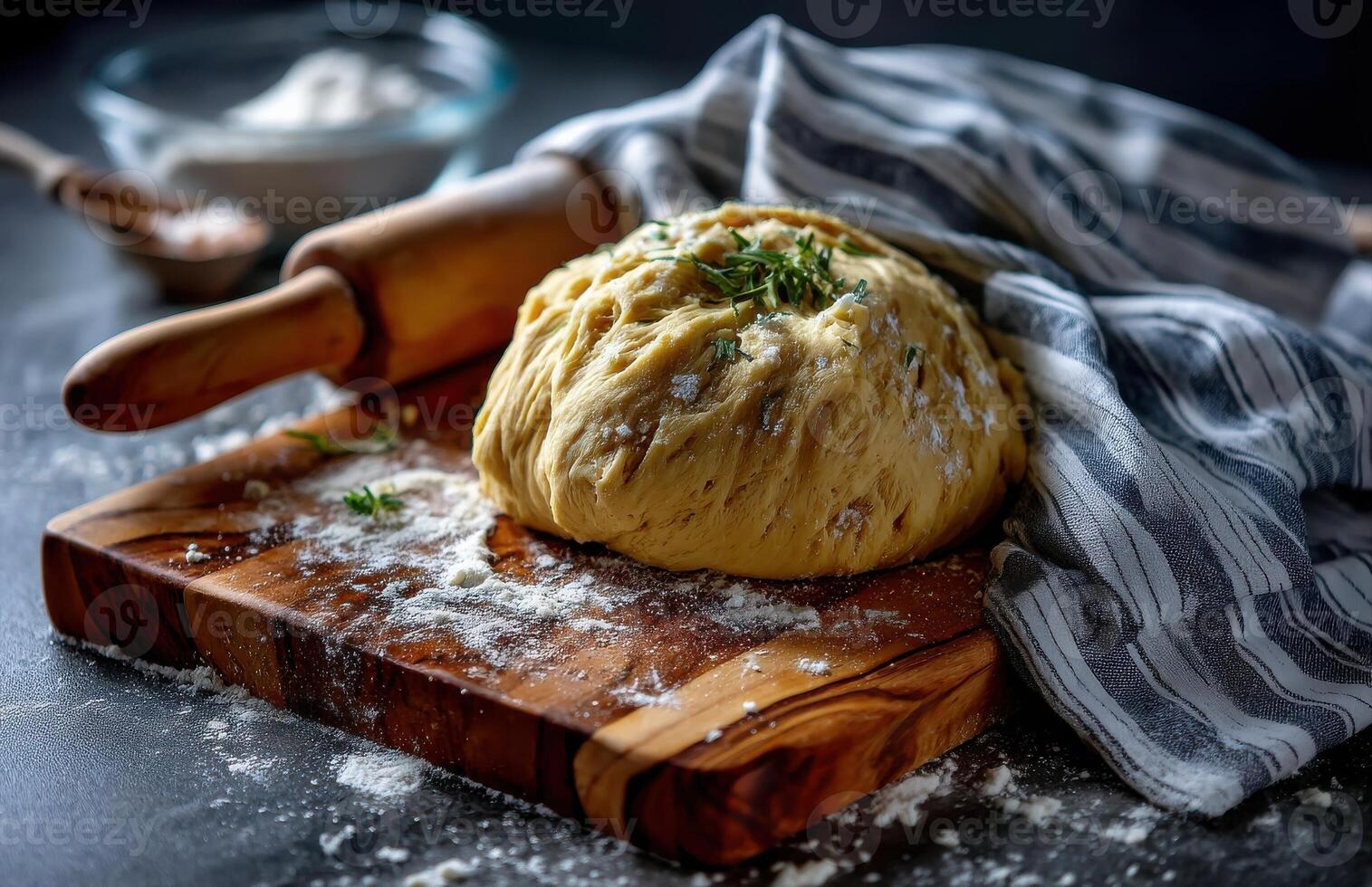 Dough for Pie on Olive Wood Board, Striped Towel, Concrete Background, Top View photo