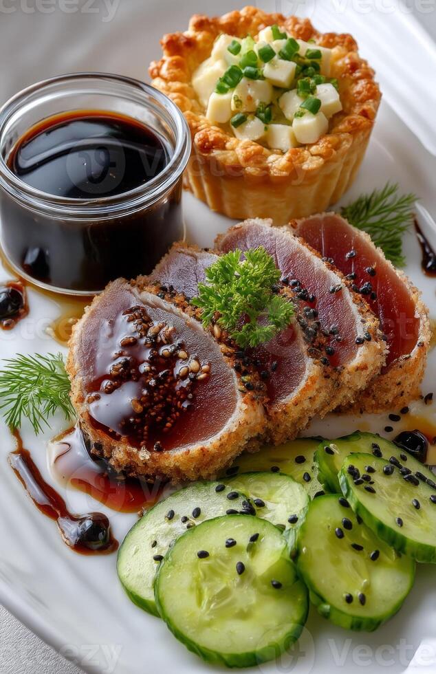 Tuna fillet with honey sauce, oval quiche, cucumber side dish on white plate photo