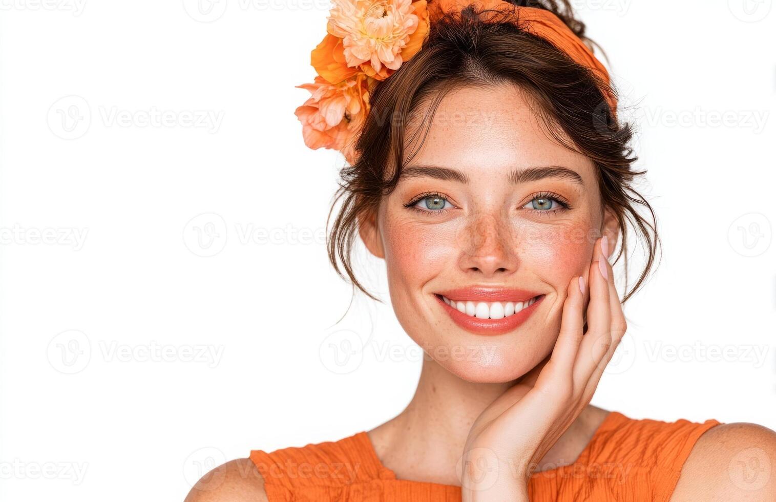Beautiful smiling woman in orange dress with floral accessory photo