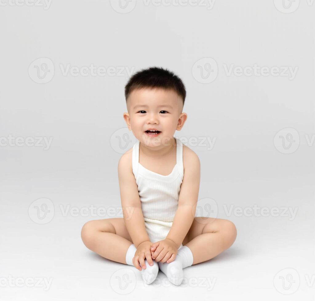 A baby in a white bodysuit sitting on the floor photo