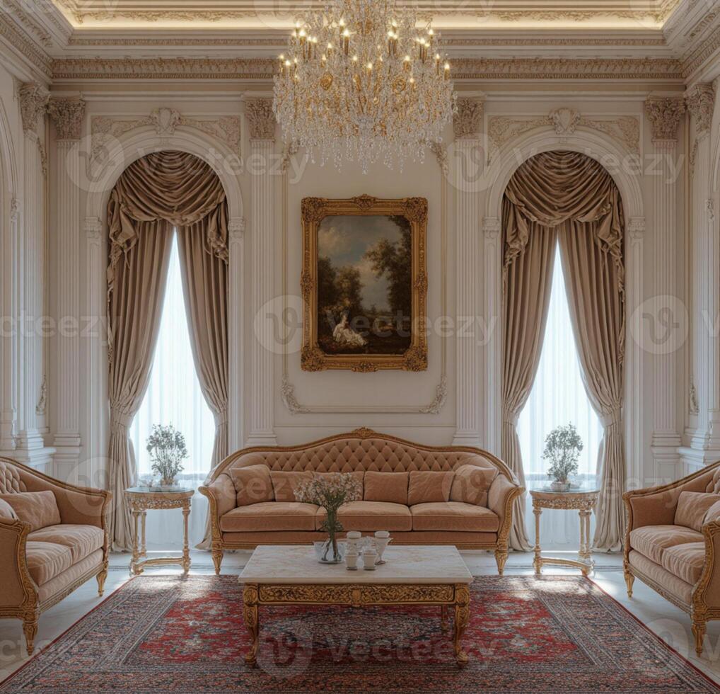 A living room with a chandelier and a rug photo