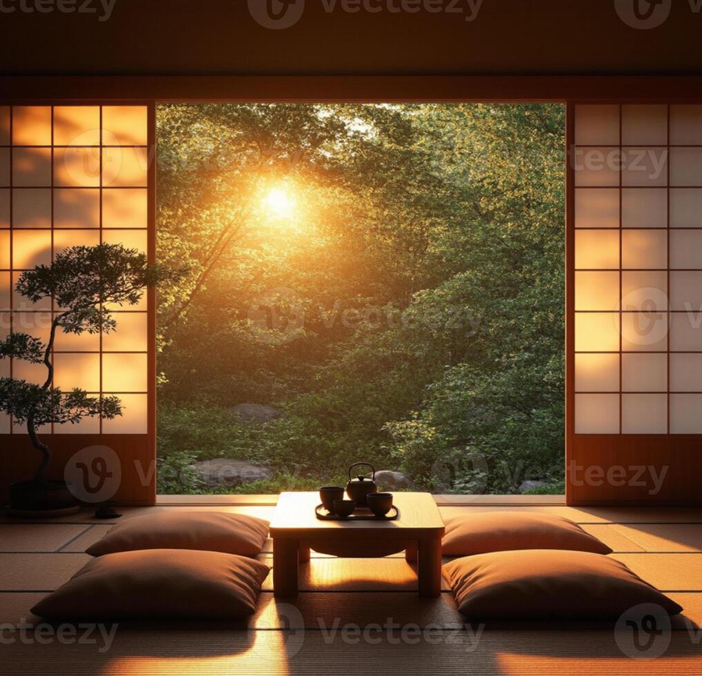 A japanese room with a table and two pillows photo