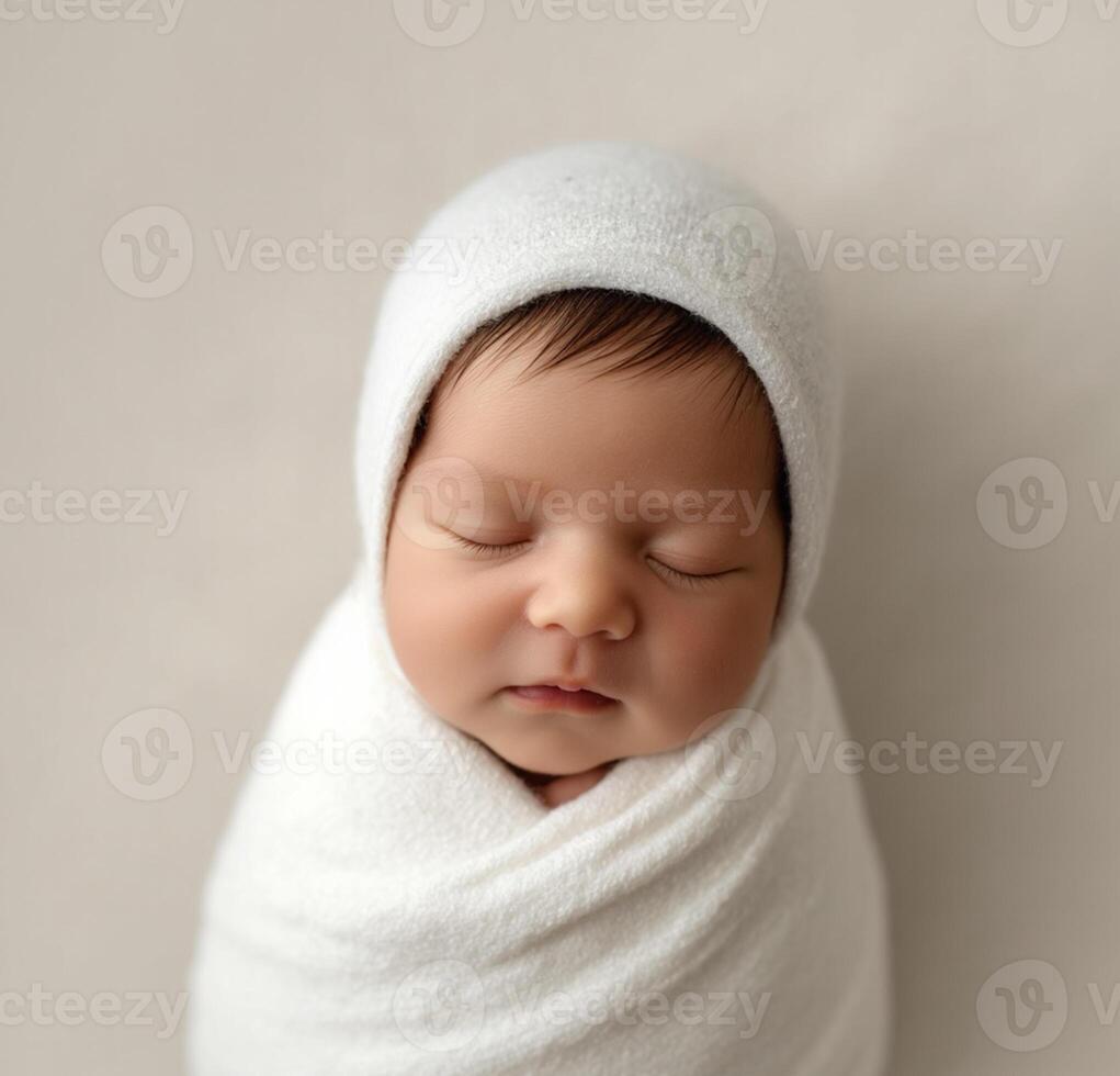 Newborn baby wrapped in white blanket and hat photo