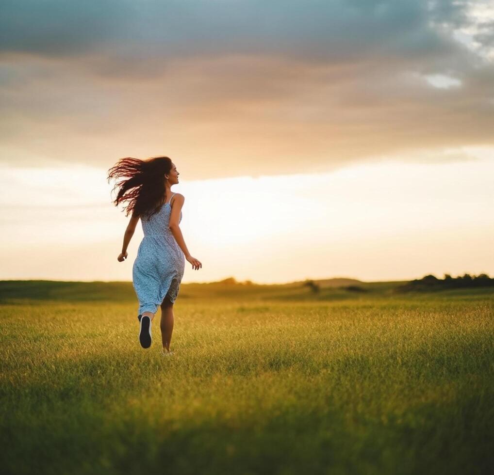 A woman running in a field at sunset photo
