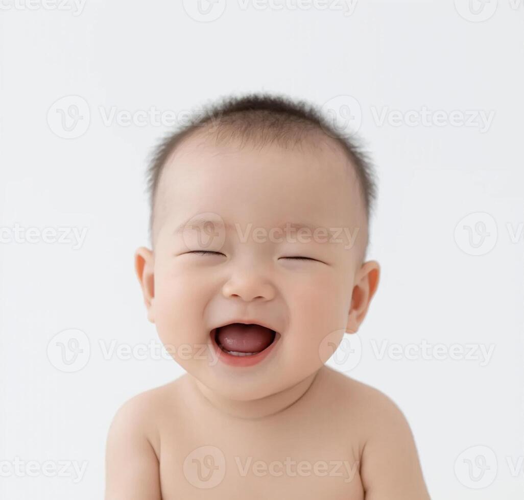 A baby laughing while sitting on a white background photo