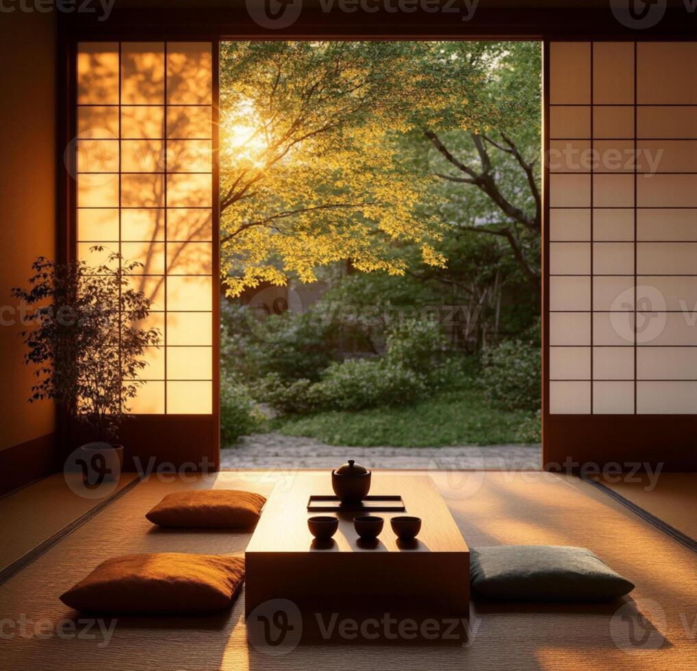 Japanese room with open door and sun setting photo