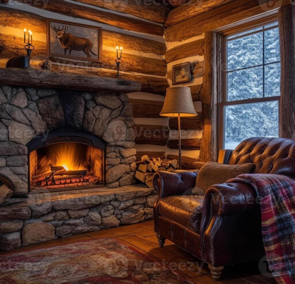 A log cabin with a fireplace and a chair photo