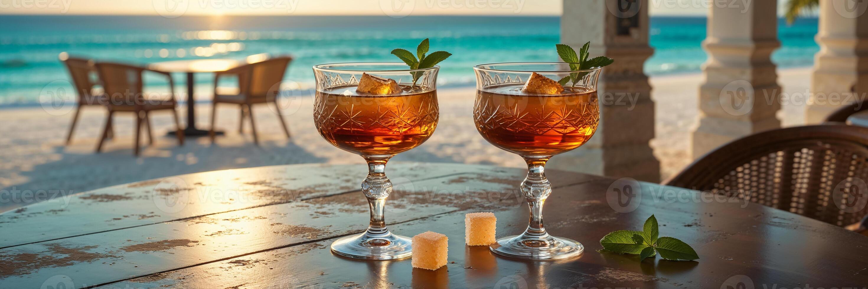 Cuban rum in glasses on a table against the backdrop of a stunning seascape of Cuba photo