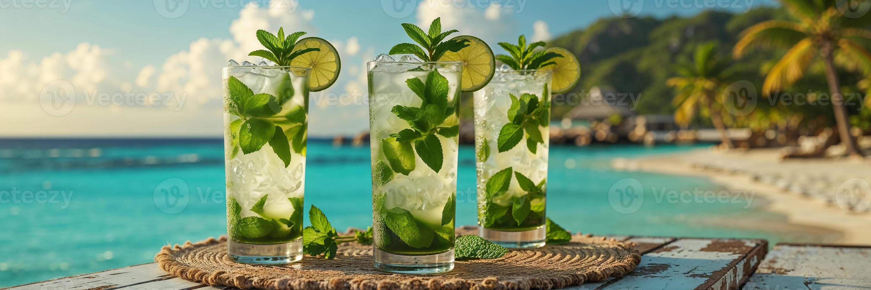 Mojito cocktails on a table against the backdrop of a stunning seascape in Cuba photo