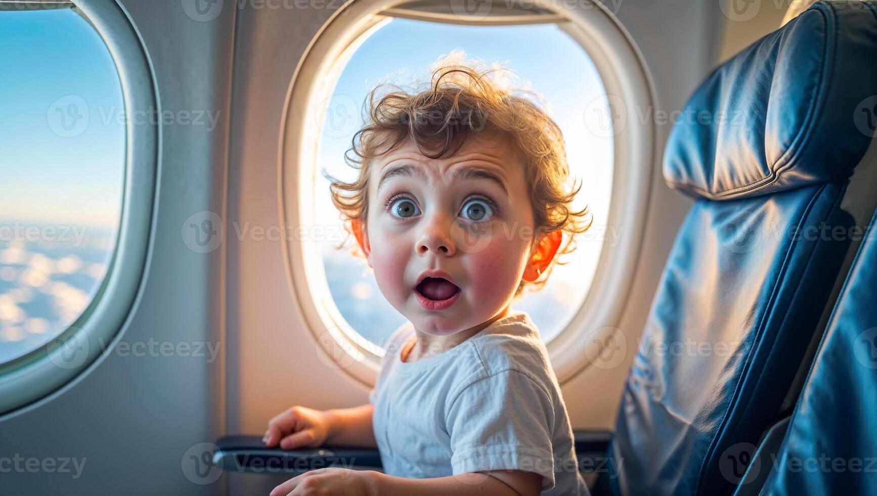 Portrait of surprised little boy in airplane near window photo