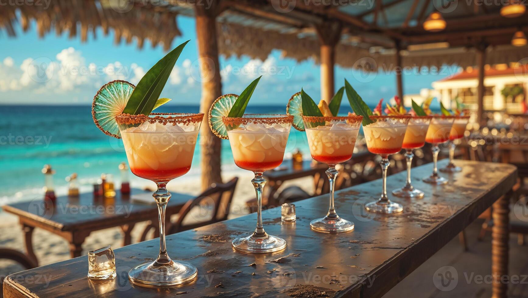 Daiquiri cocktail on a table with stunning seascape of Cuba in the background photo