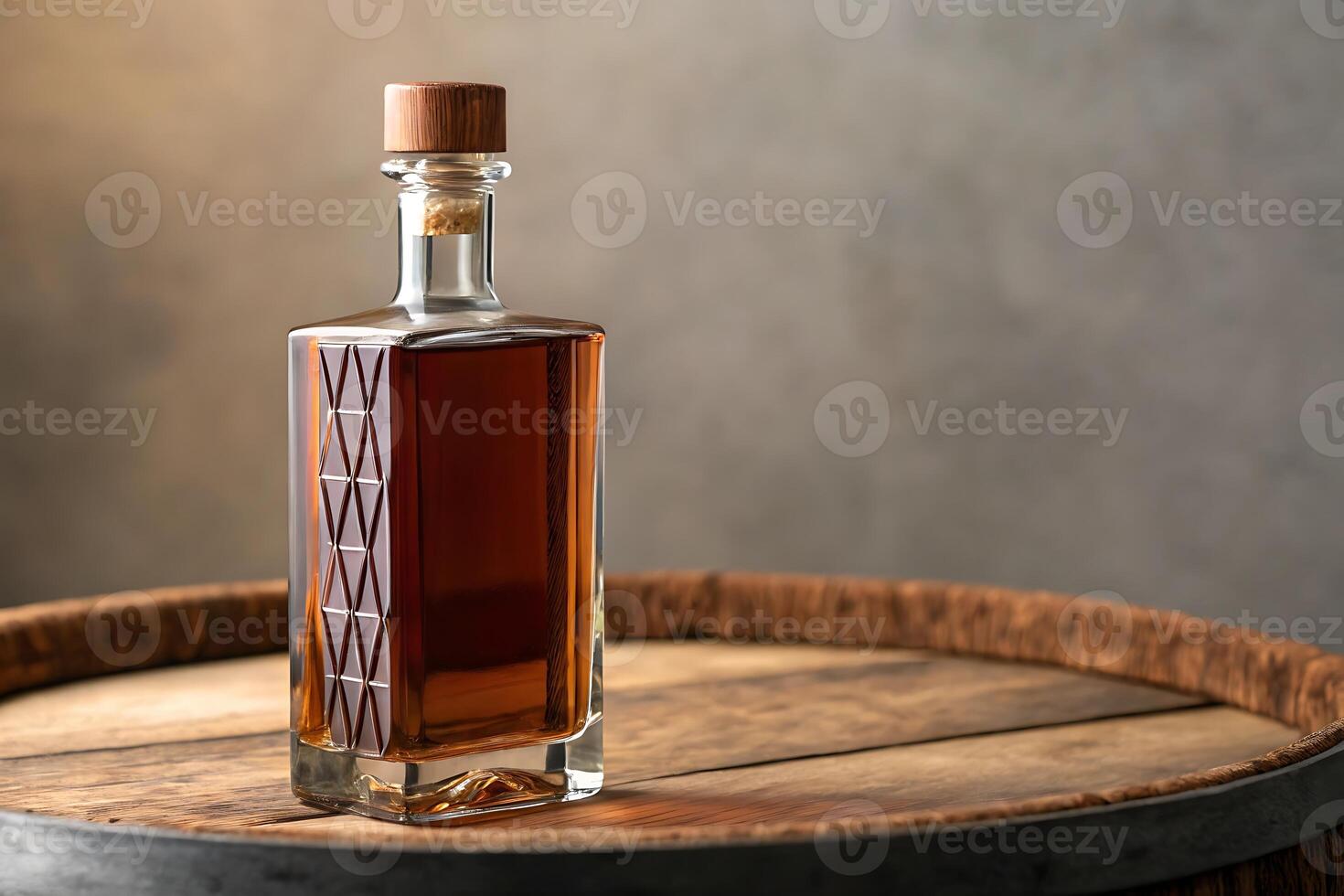 A bottle of whiskey sitting on top of a barrel photo