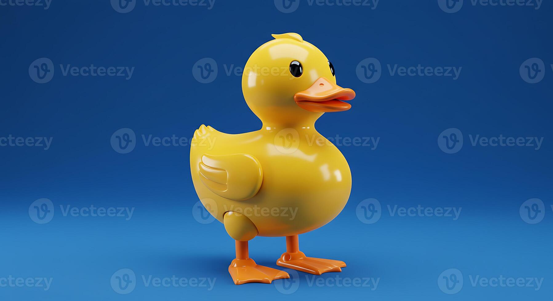 A yellow duck toy standing on a blue background photo