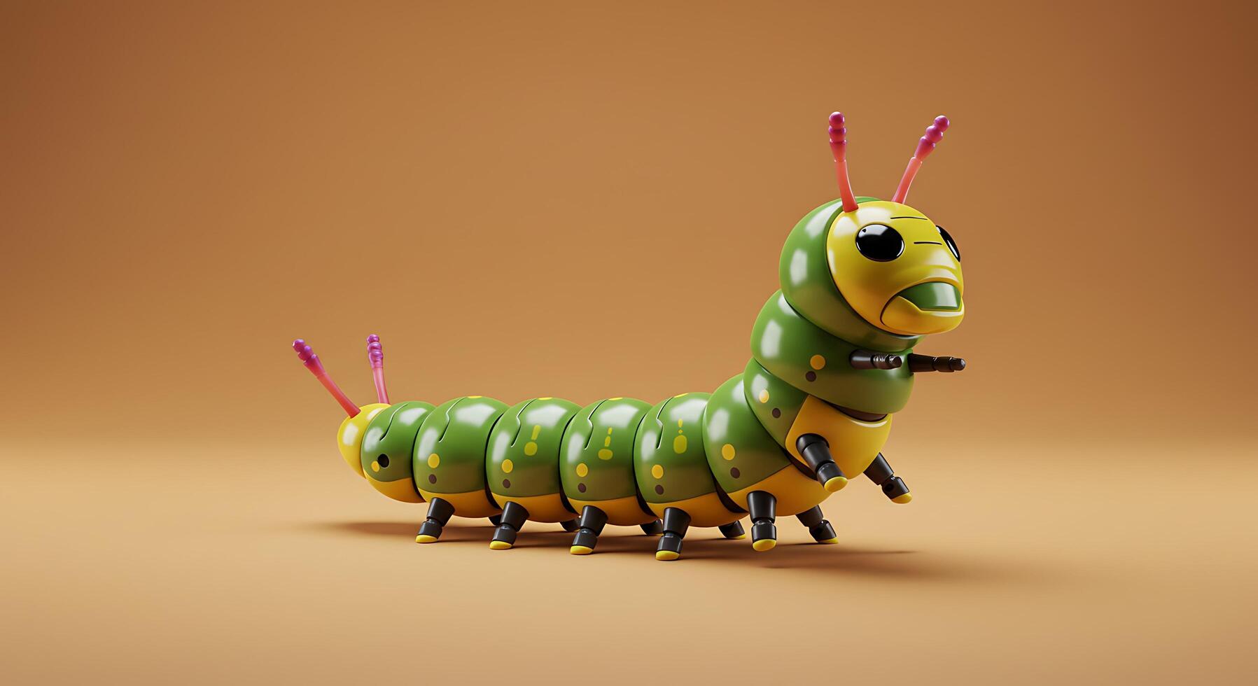 A toy caterpillar with a green and yellow body photo