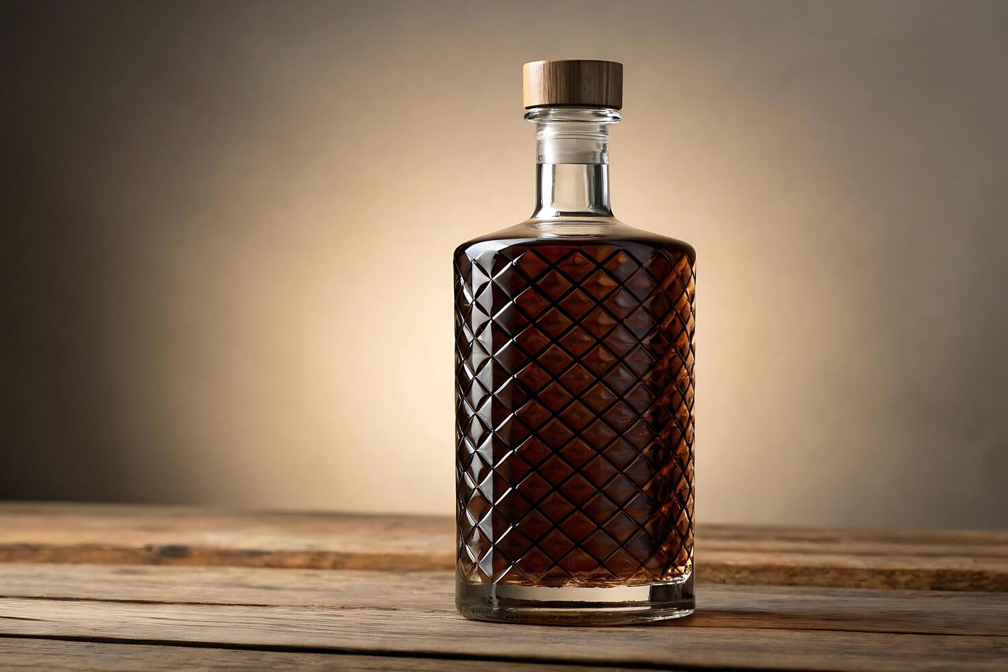 A bottle of whiskey sitting on a wooden table photo