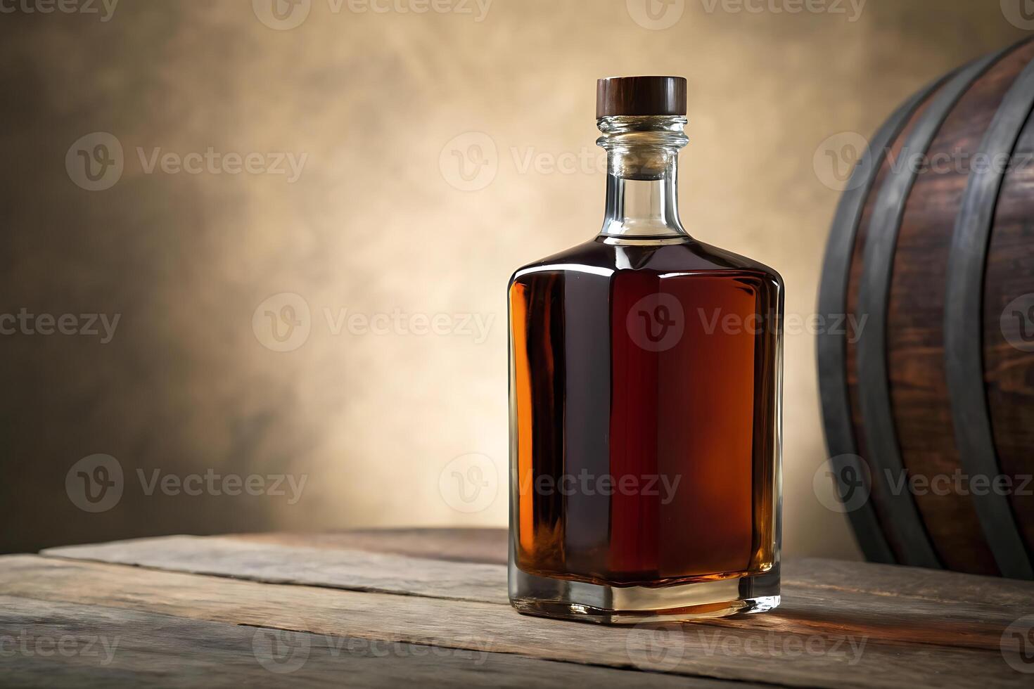A bottle of whiskey sits on a wooden table next to a barrel photo