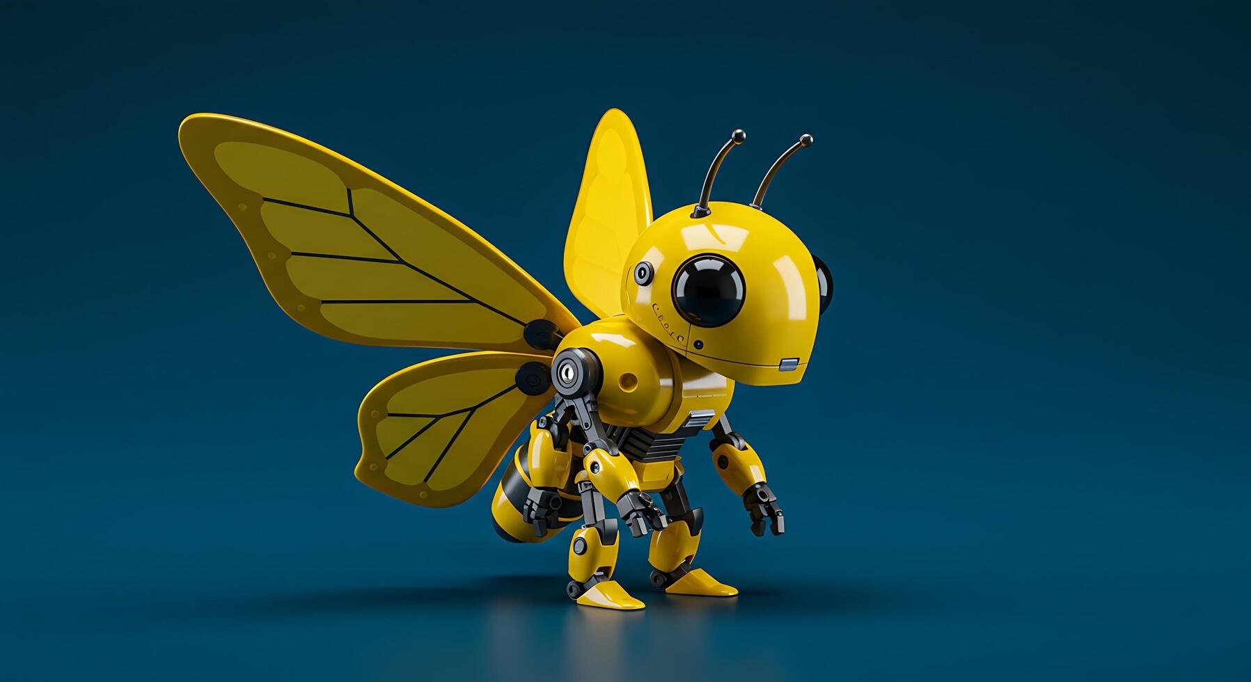 A yellow robot with black wings and a big head photo