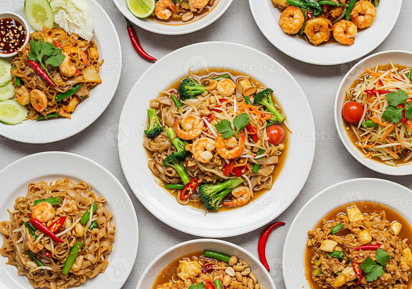 A variety of dishes of asian food on white plates photo