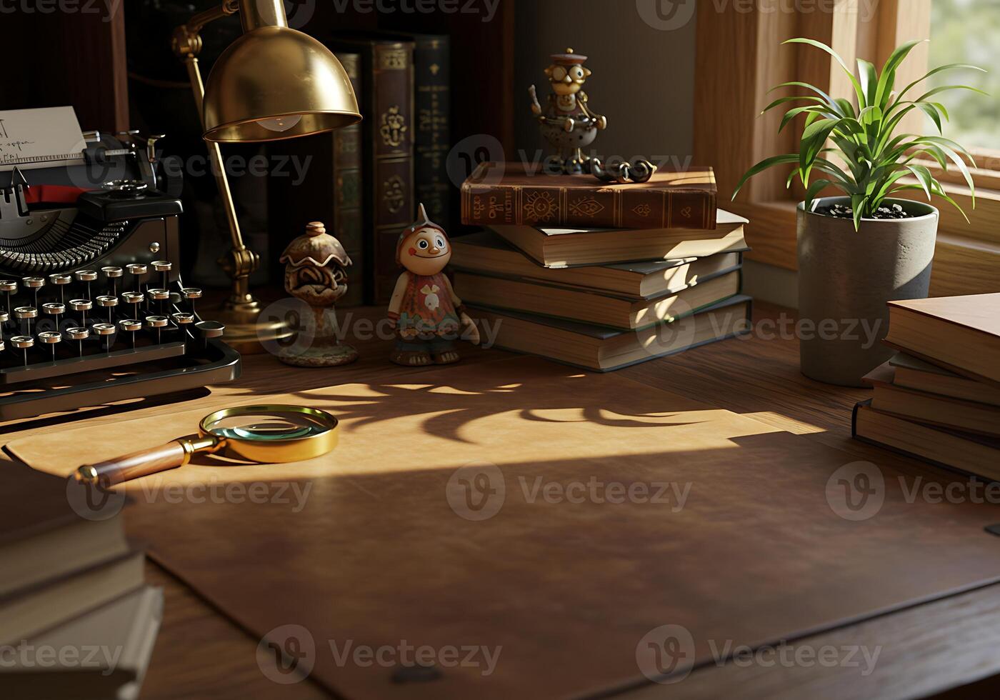 A desk with a typewriter, books, and a plant photo