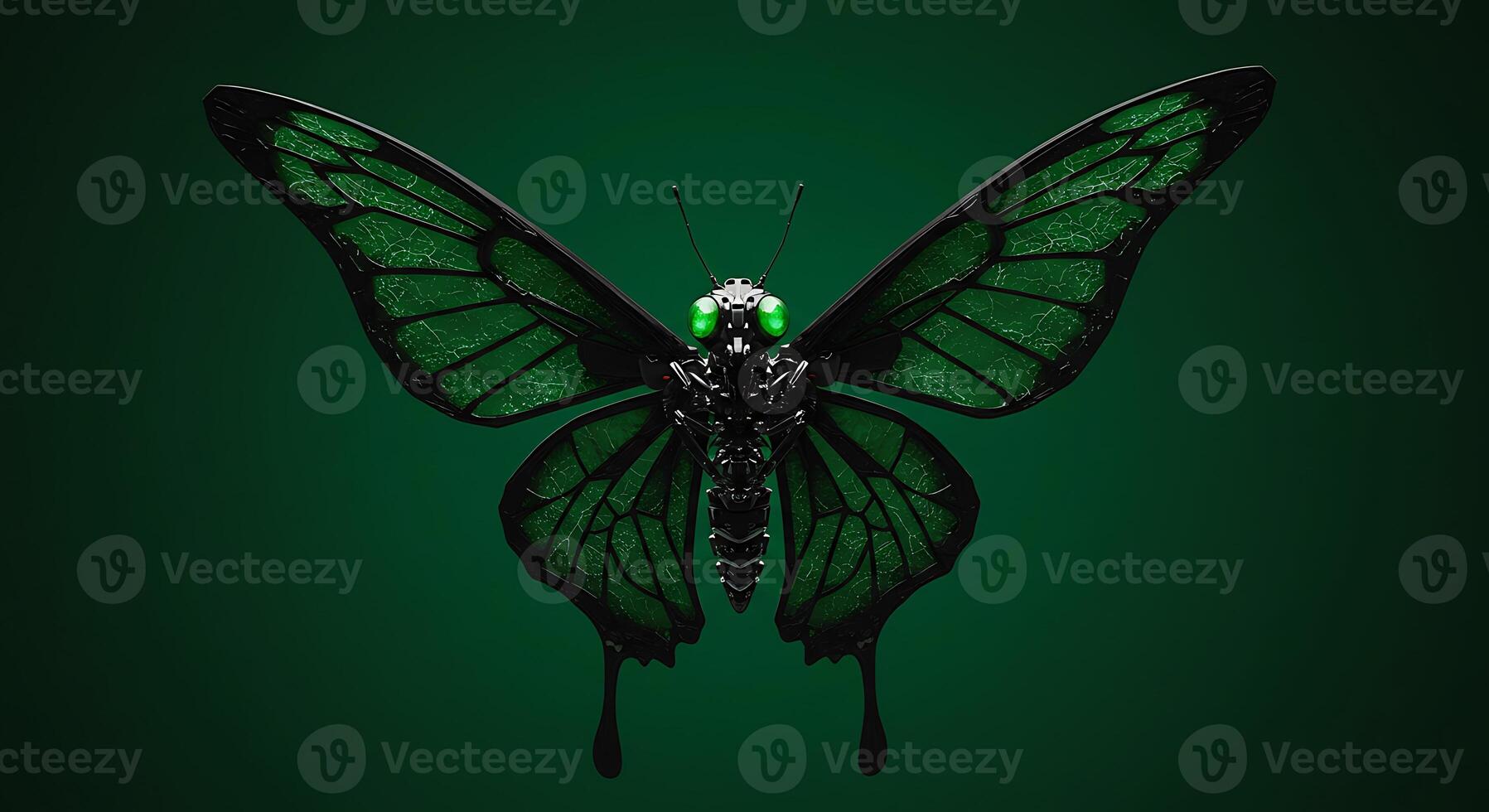 A green butterfly with black wings and green eyes photo