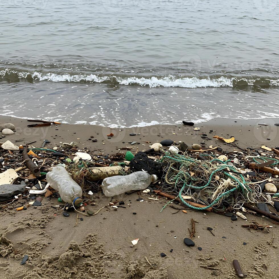 A beach with trash and debris on it photo