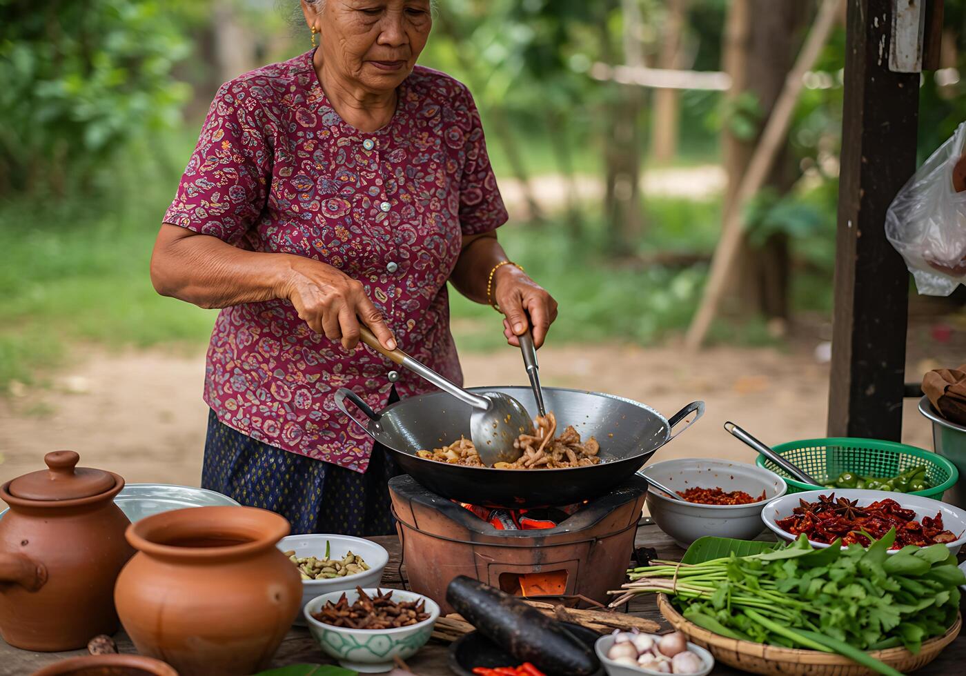 An old woman cooking food photo