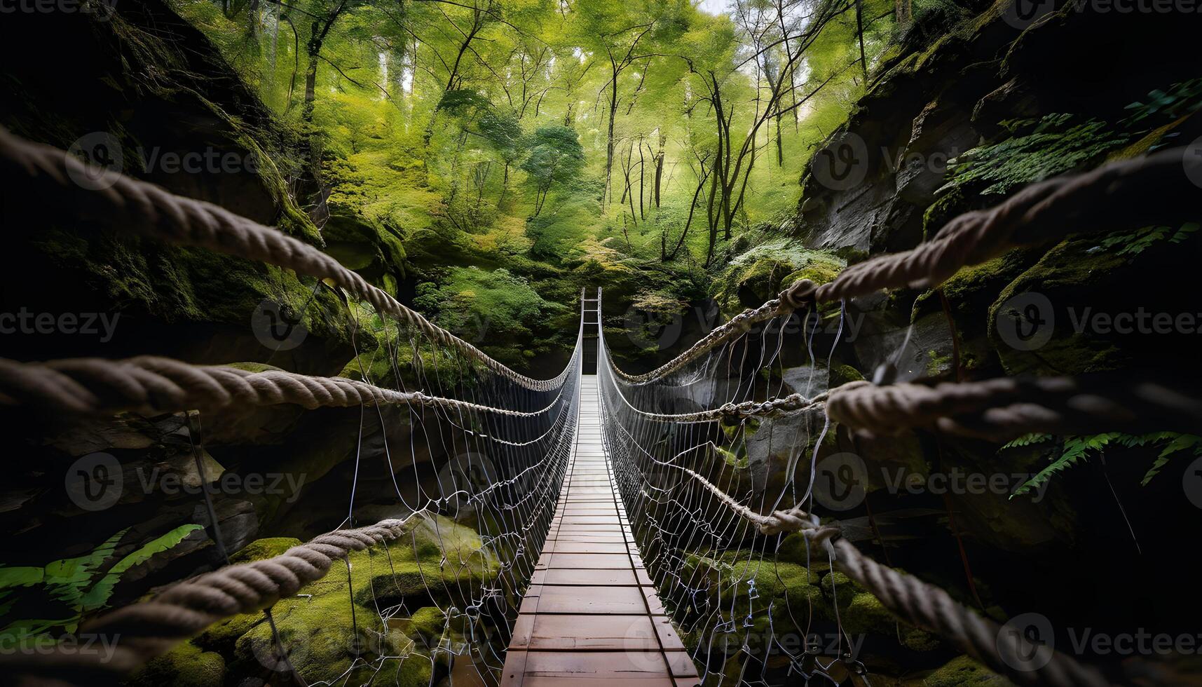 A rope bridge in the middle of a forest photo