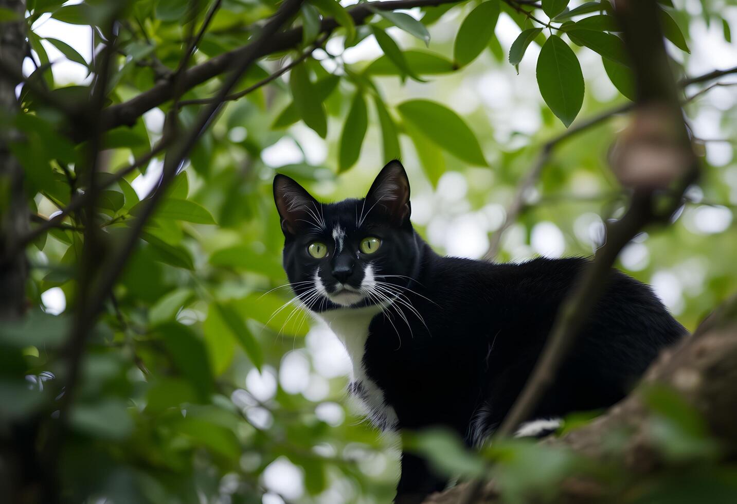 A black and white cat sitting on a tree branch looking down photo