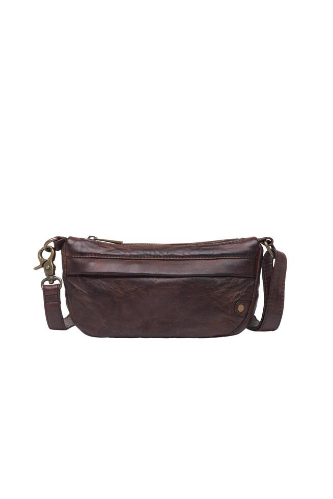 Rustic dark brown leather crossbody bag featuring adjustable shoulder strap and zipper pocket photo