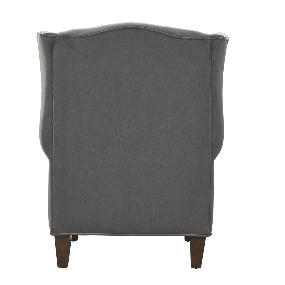 Elegant gray wingback chair isolated rear view home interior furniture photo