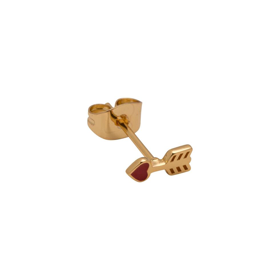 Elegant golden arrow stud earring with red heart detail on white backdrop photo