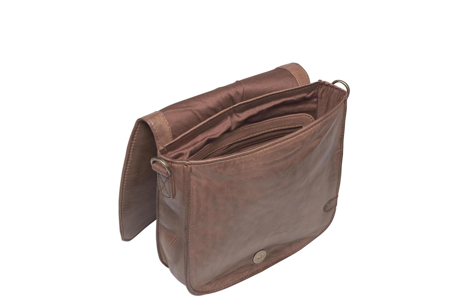 Open brown leather messenger bag studio shot isolated on white background detailed view photo