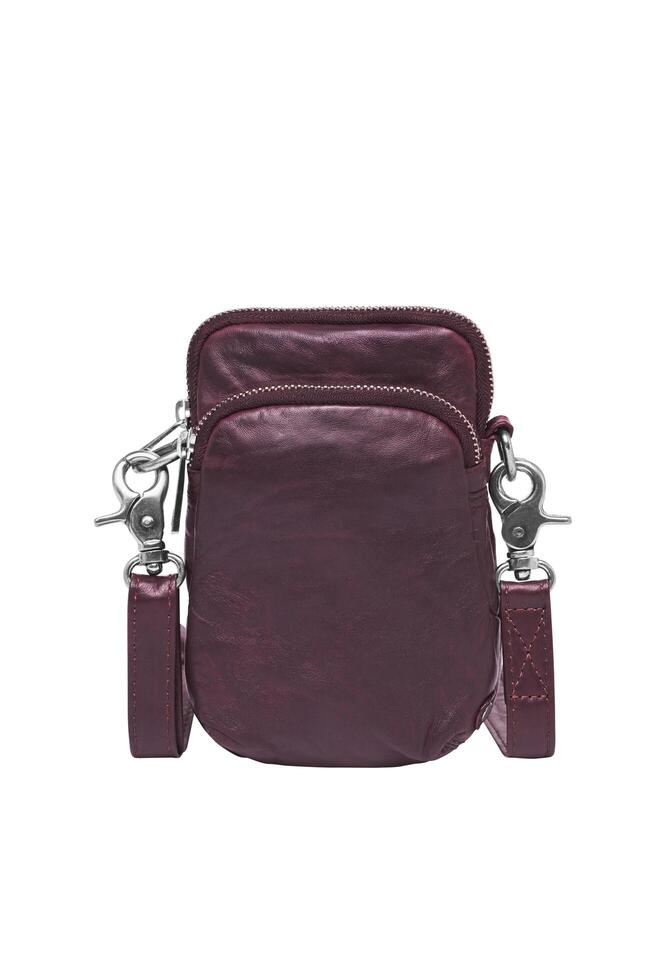 Plum leather crossbody cell phone bag with two zippered compartments on white photo