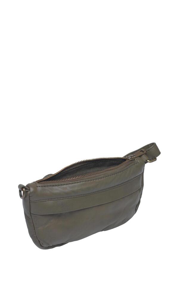 Olive green quilted pack with open zipper isolated on white background photo