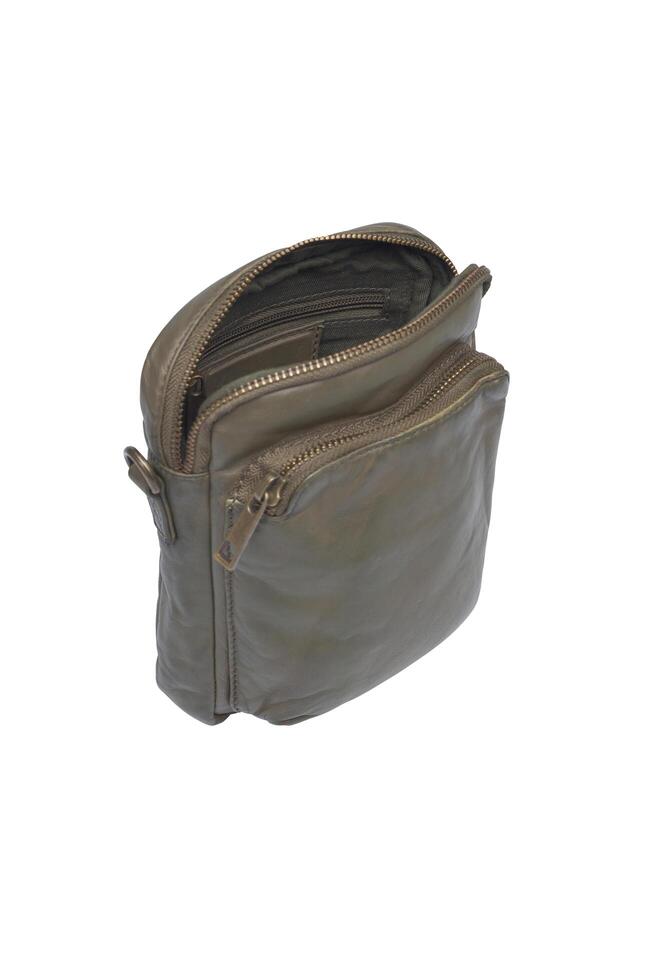 Olive green leather crossbody bag studio shot fashionable travel accessory isolated photo